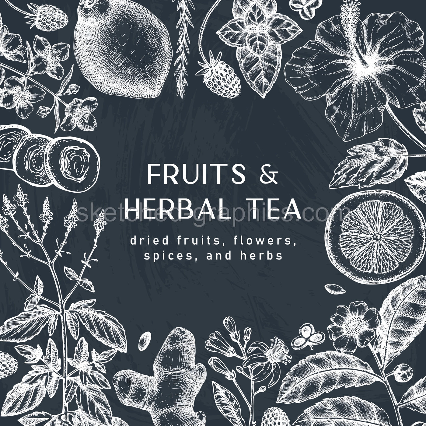 Hand sketched herbal tea ingredients design on chalkboard. Vintage herbs, leaves, flowers, fruits hand drawings background. Perfect for recipe, menu, label, packaging. Herbal tea template.  Illustration